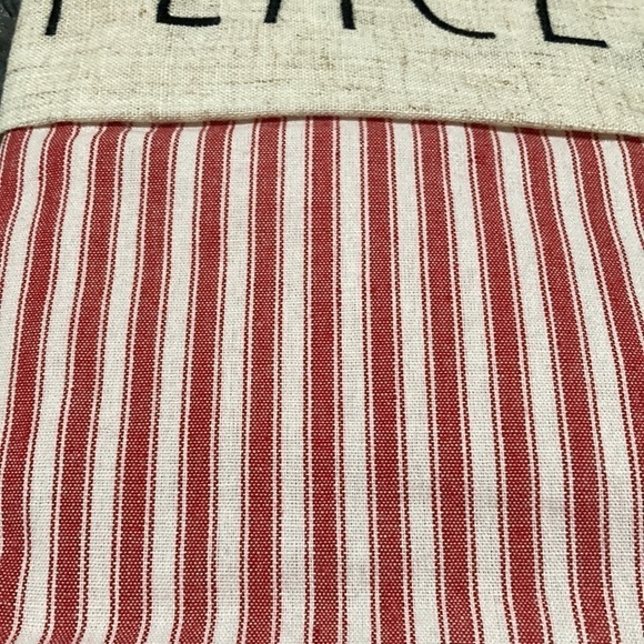 RAE DUNN "PEACE LOVE JOY" RED TICKING STRIPE CHRISTMAS STOCKINGS SET OF 3 - Picture 8 of 12